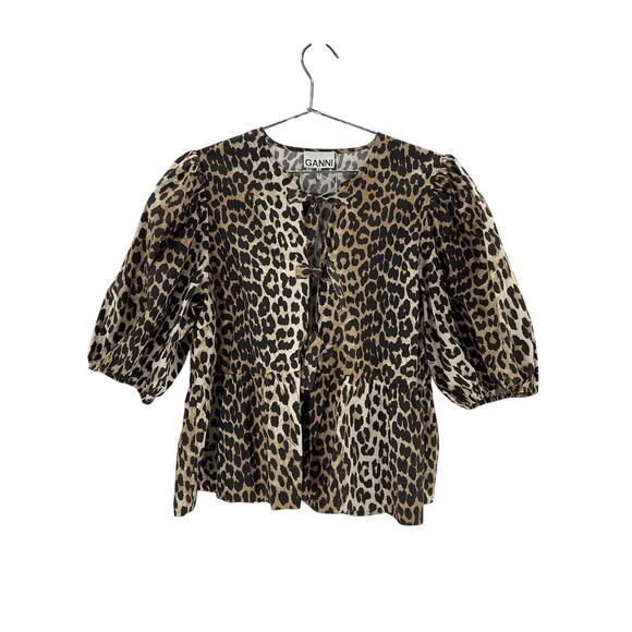 Ganni Leopard Brown Cotton Poplin Peplum Tie Blouse Size 42 - Picture 2 of 4